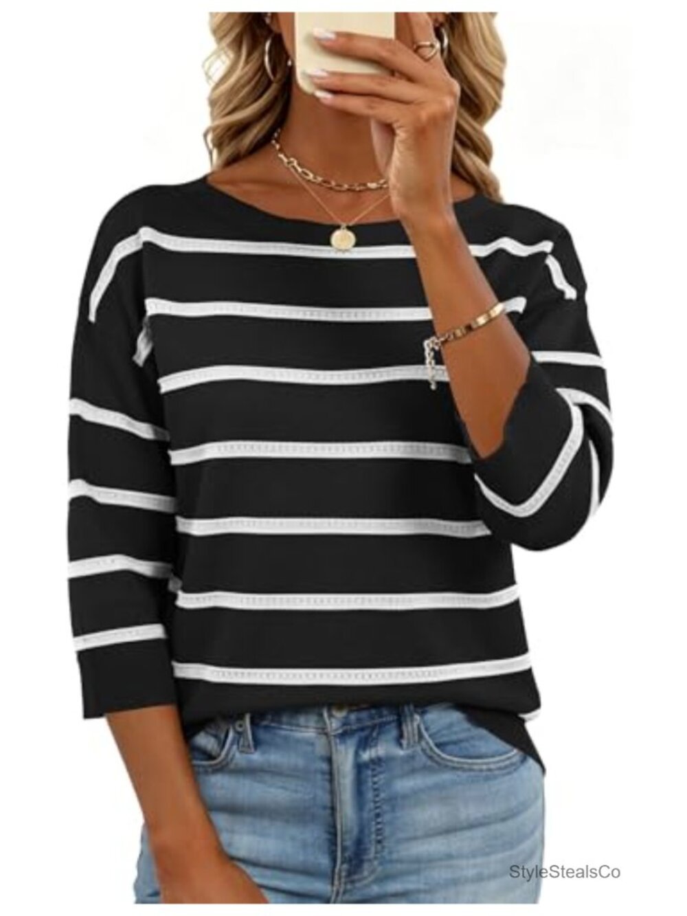 Womens Lightweight Knit Boat Neck 3/4 Sleeve Pullover Sweater Casual Summer Top